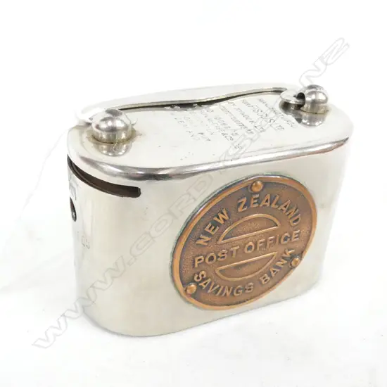 NZ POST OFFICE SAVINGS BANK - CHROME & BRASS MONEY BOX L.100 H. 65MM